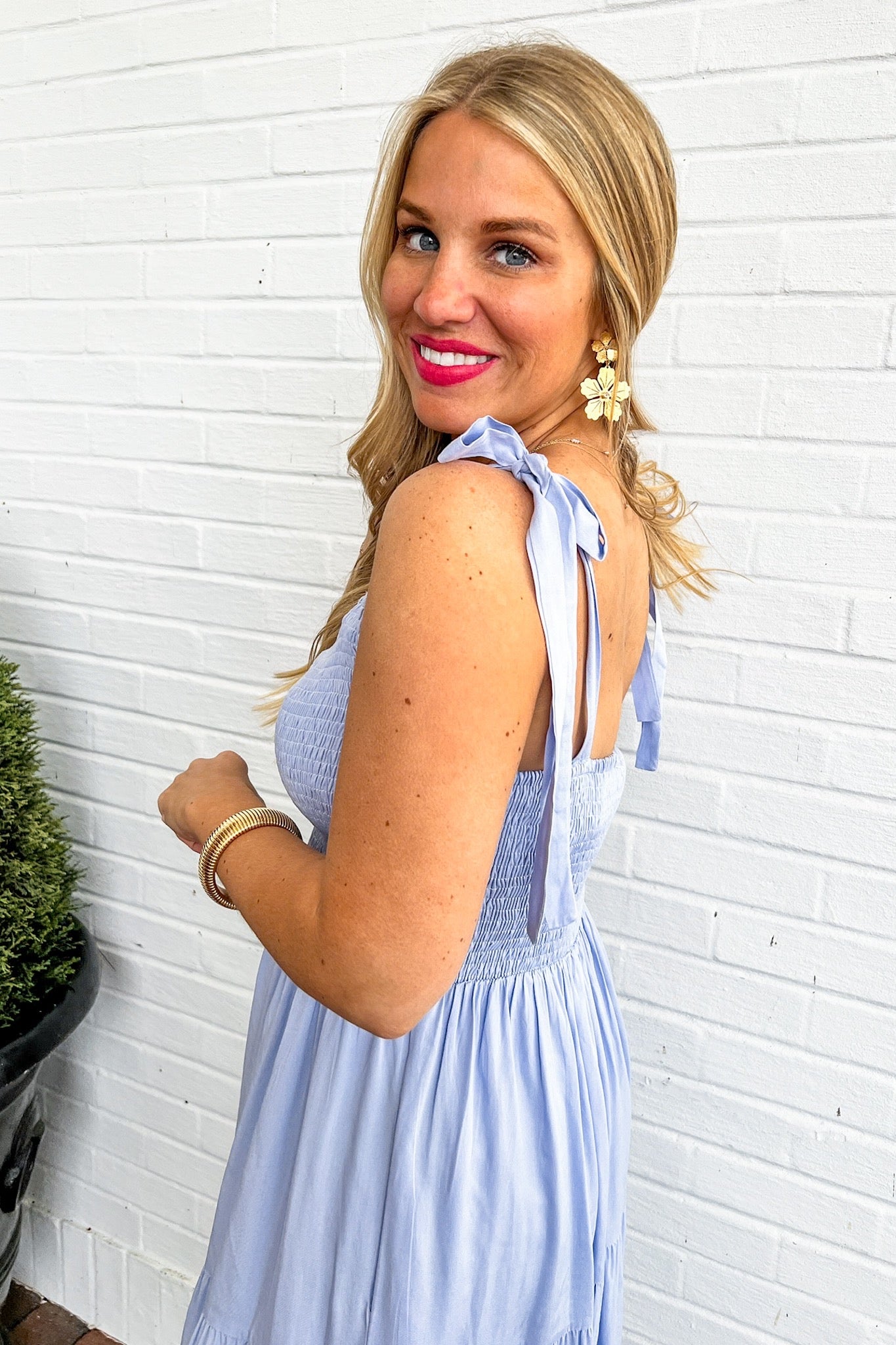 Shoulder Tie Cinched Smocked Tiered Midi Dress in Periwinkle Blue