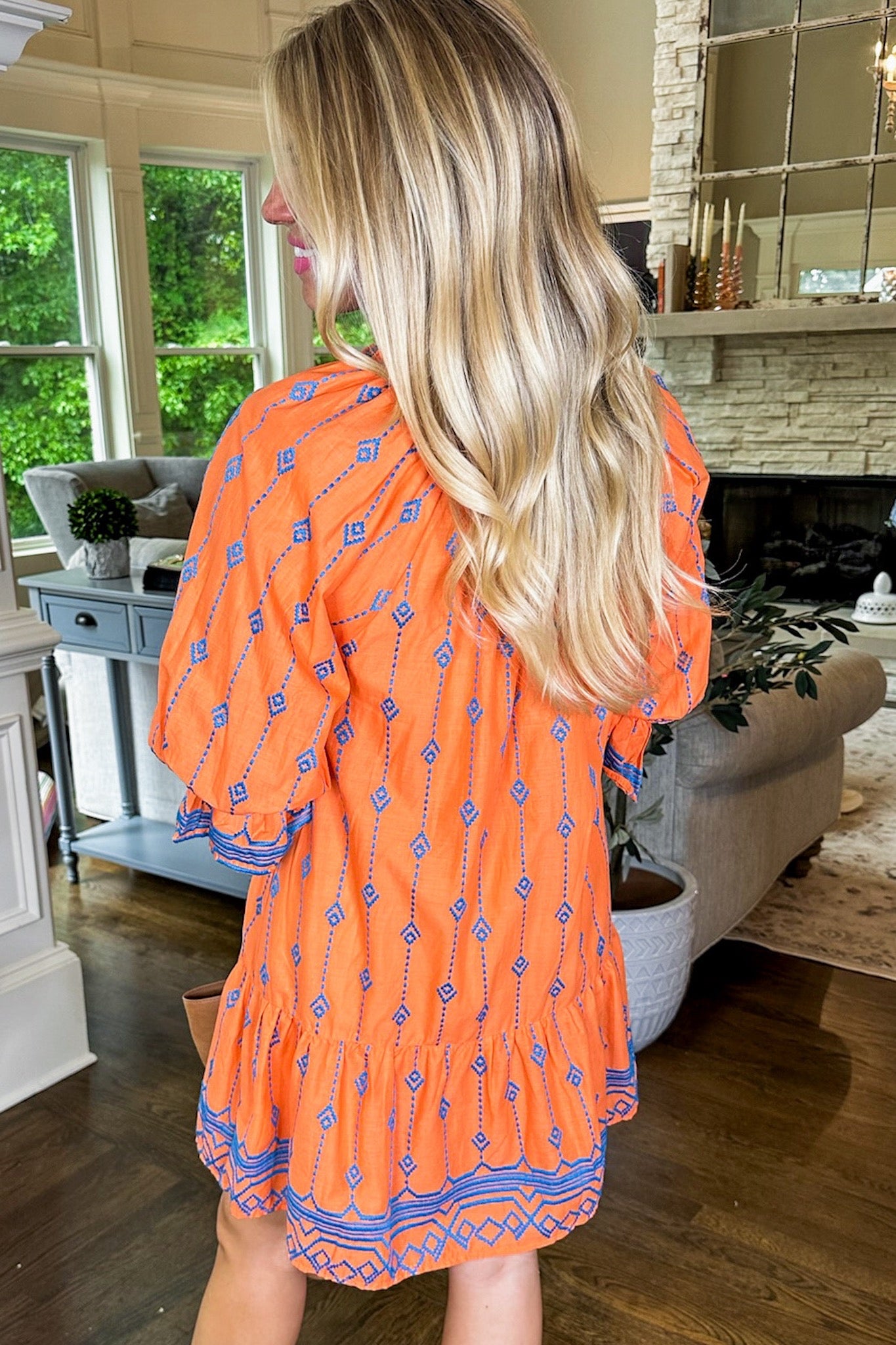 Blue Embroidered Notched Neck Tangerine Orange Dress