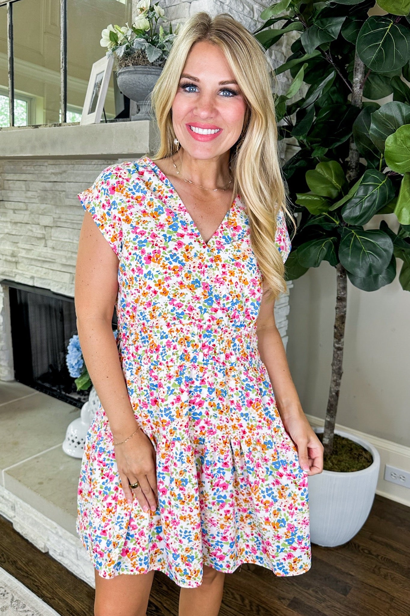 Faux Wrap Capped Sleeve Tiered Floral Dress