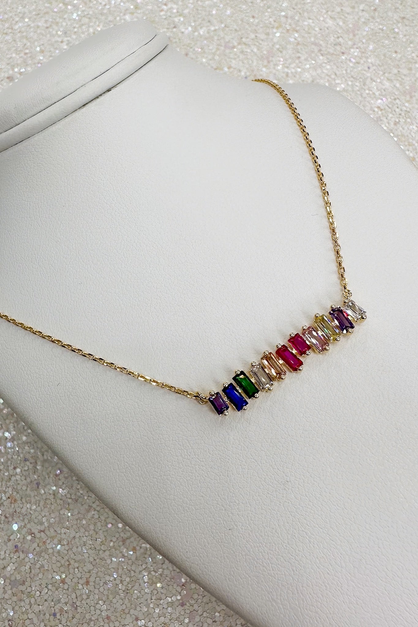 Rainbow Crystal Abstract Bar Gold Chain Necklace