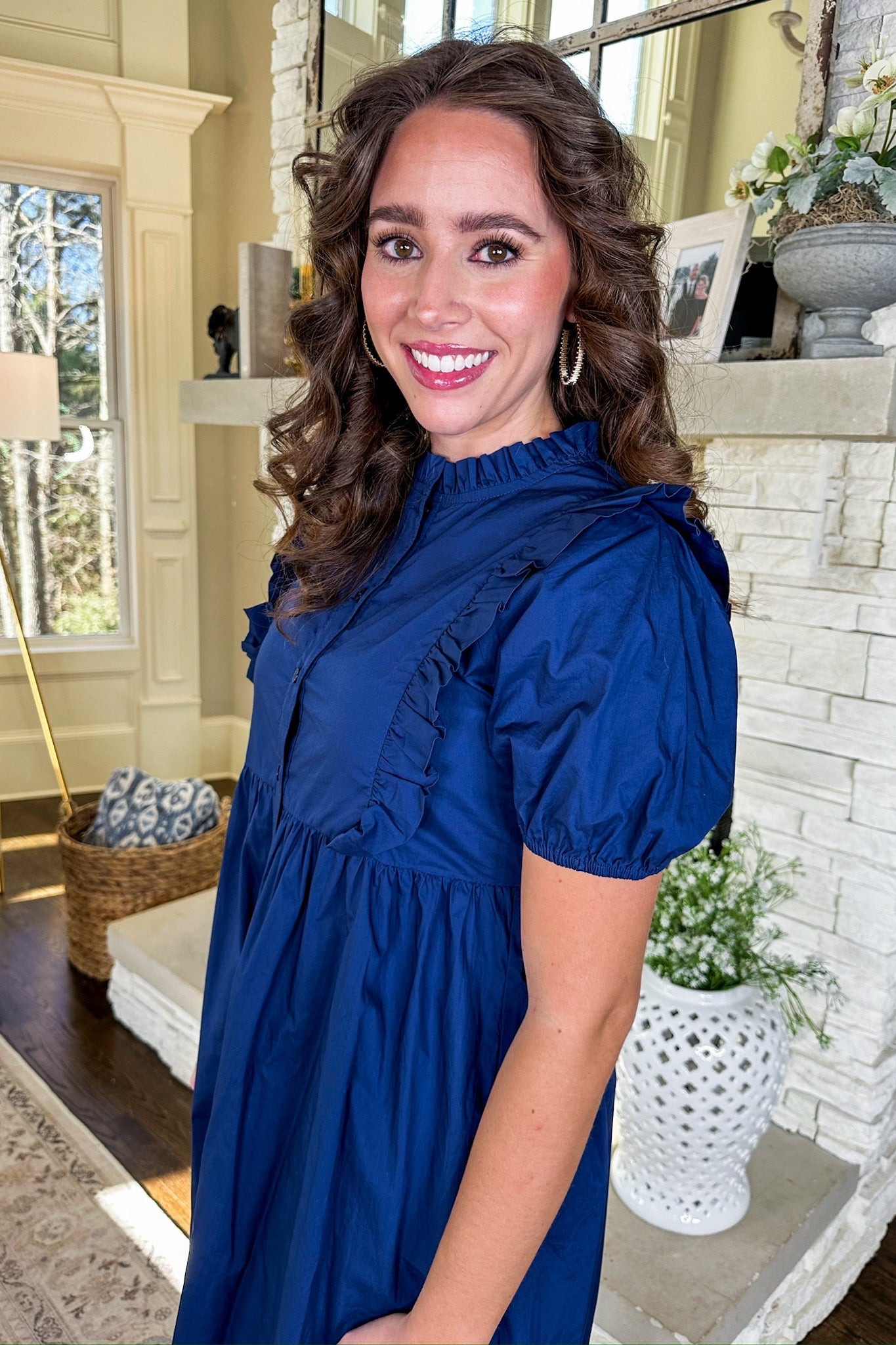 Puff Sleeve Button Down Midi Dress in Navy