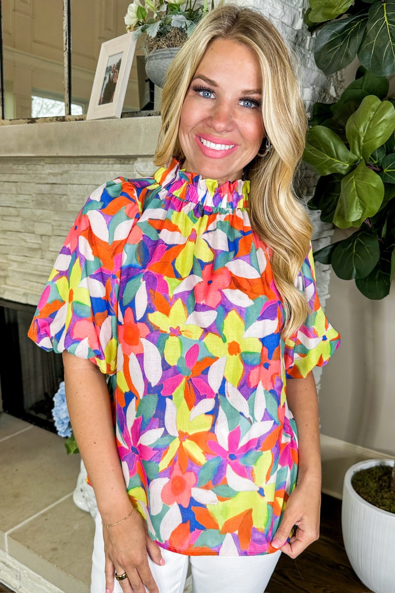 Bold Flower Print Mock Neck Button Down Back THML Top