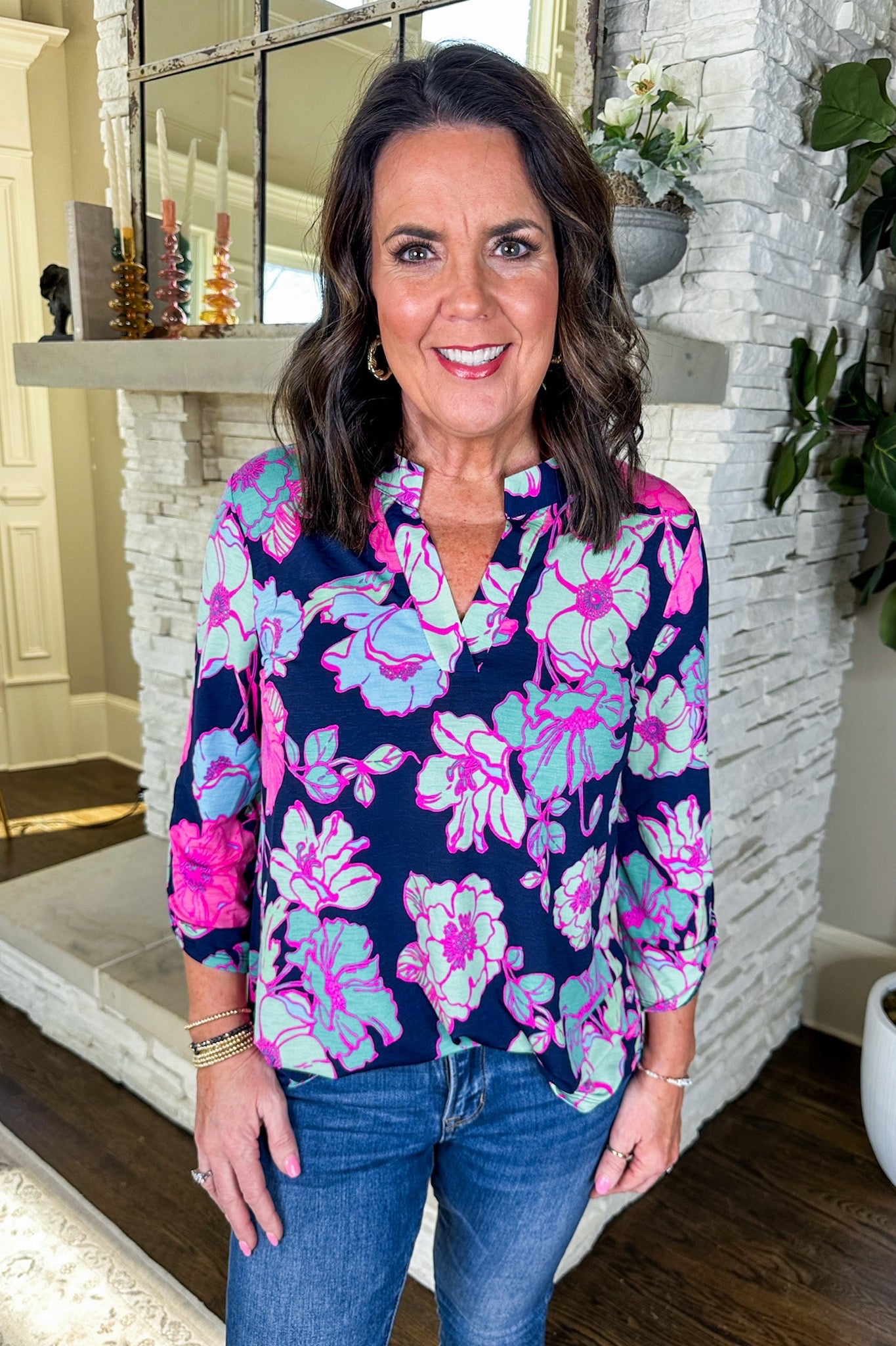 The Lizzy Top in Navy & Pink Outlined Floral Print