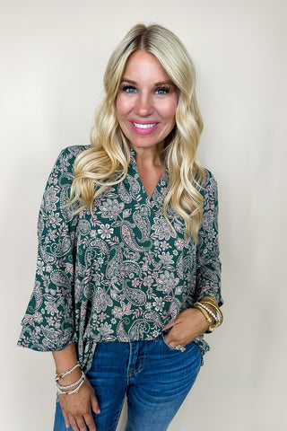 Dear Scarlett Liz Bell Printed Top in Hunter Green