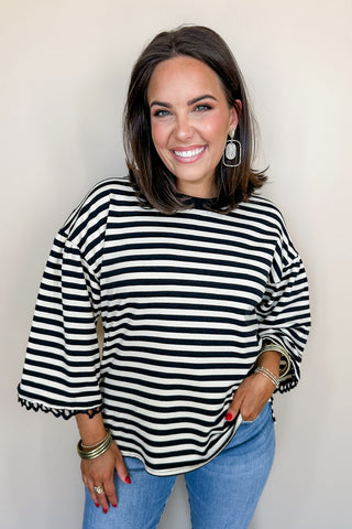 Black & White Striped Boxy Lace Detail Top
