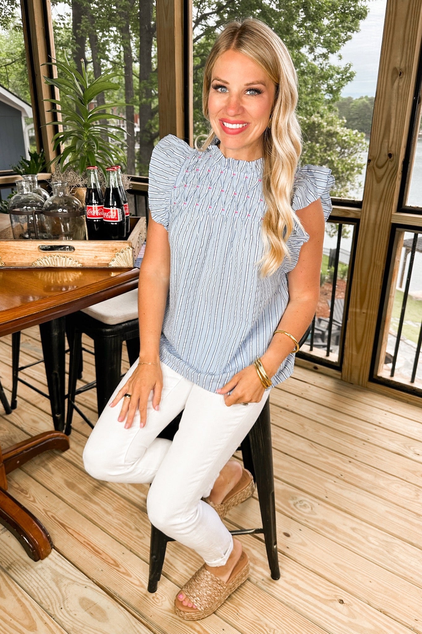 Blue & White Stripe Embroidered Detail THML Top