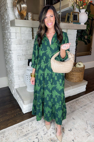 Hunter Green Floral Collared Notch Neck Midi Dress