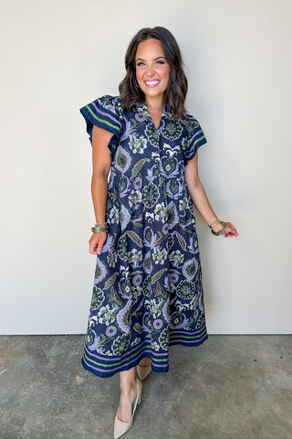 Navy & Purple Floral Ruffle Sleeve Maxi Dress