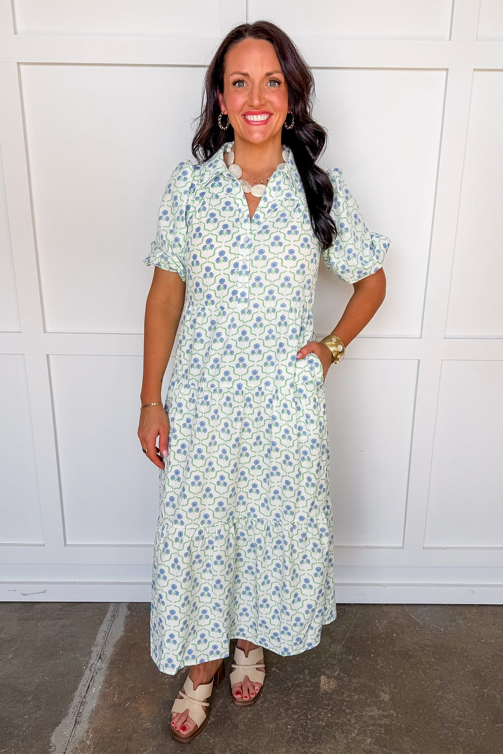 The Eloise Midi Dress in Sweetbriar Lattice Blue by Mary Square XS