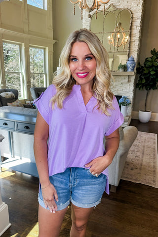The Solid Lizzy Button Tab Short Sleeve Top in Lilac