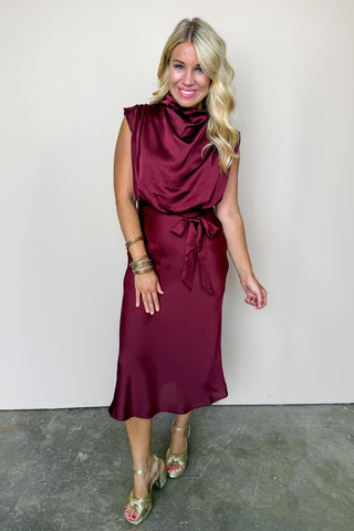 Satin Fitted Plus One Midi Dress in Burgundy