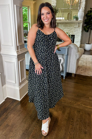 Black & White Floral Tie Front Adjustable Strap Midi Dress