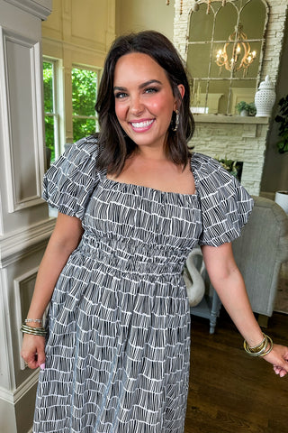 Balloon Sleeve Striped Geometric Print Elastic Waist Midi Dress in Black