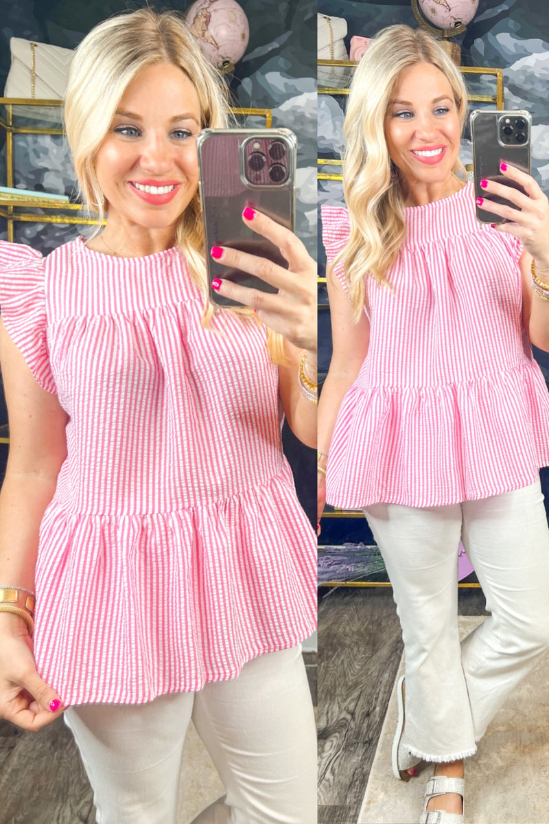 J&J Original Tiered Pink & White Seersucker Top Jules & James Boutique
