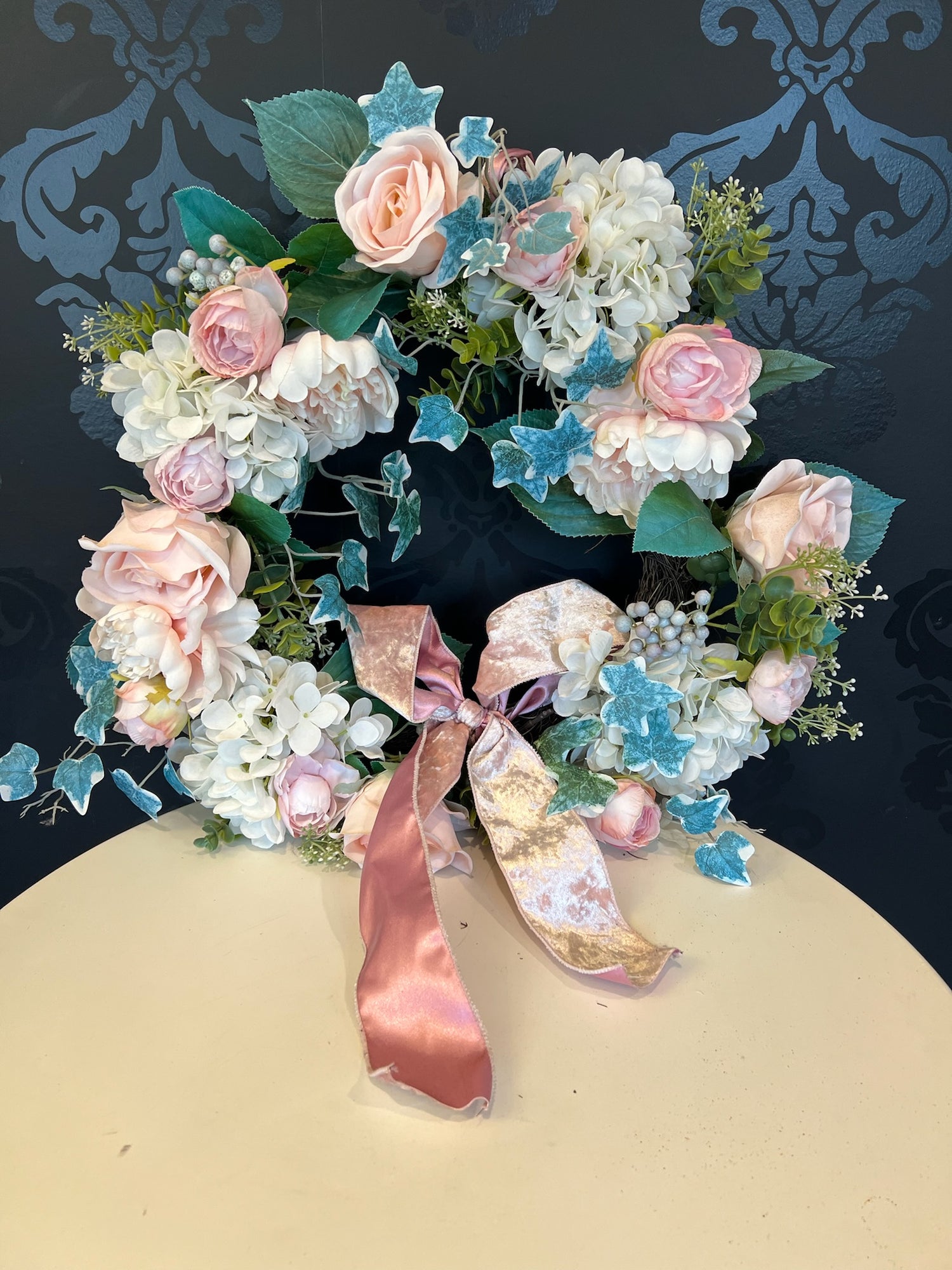 Pink & White Floral Wreath with Pink Velvet Bow