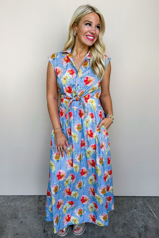 Light Blue Charming Floral Midi Dress