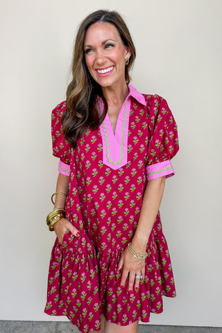 Ginger Floral Burgundy Swing Dress