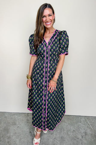 Black & Pink Floral Midi Belted Dress