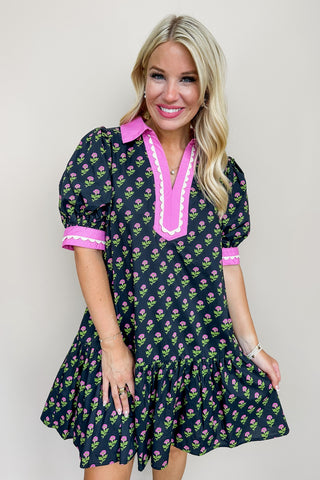Ginger Floral Black & Pink Swing Dress