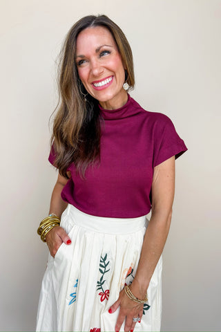 Fall Essential Cowl Neck Lightweight Sweater Top in Ruby