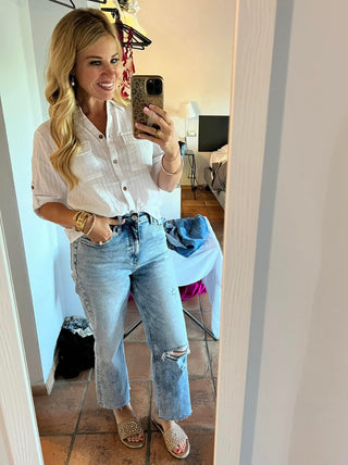 Textured Button Down Knot Hem Collared Top