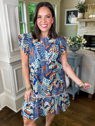 Deep Blue Breeze Printed Mini Swing Dress