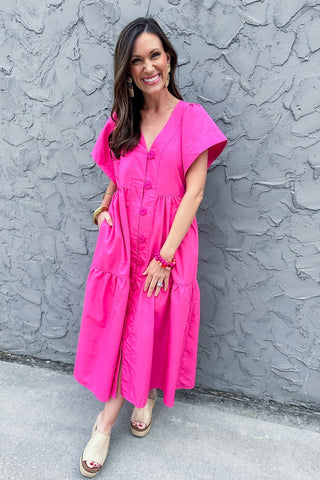 Flutter Sleeve Loop Button Down Tiered Midi Dress in Pink