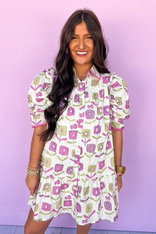 Eyelet Trim Geometric Floral Drop Waist Dress