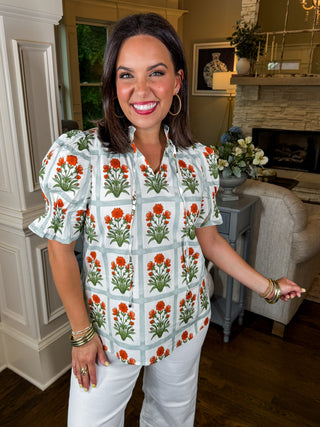 Blooming Grid Orange & Green Blouse
