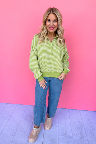 Collared Half Snap Button Down Striped Top in Lime Green/Cream