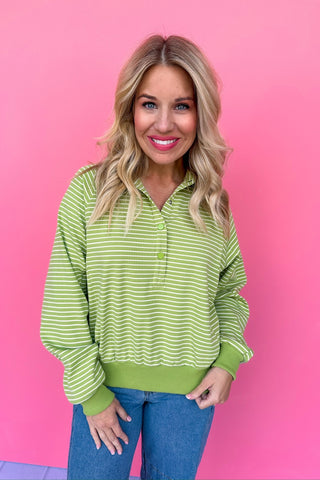 Collared Half Snap Button Down Striped Top in Lime Green/Cream