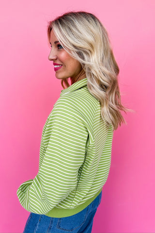 Collared Half Snap Button Down Striped Top in Lime Green/Cream