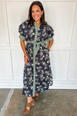 Garden Of Dreams Floral Button Down Belted Midi Dress