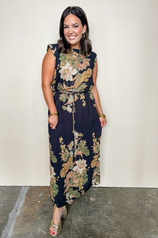 Radiance Ready Belted Midi Dress in Black Floral