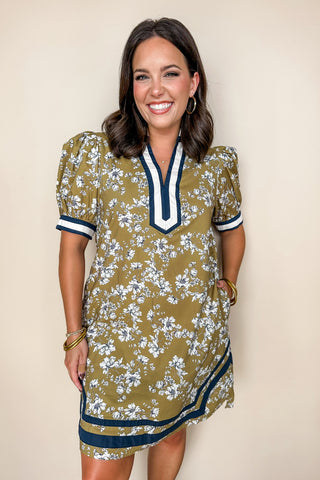 Olive Green & Navy Floral Short Dress