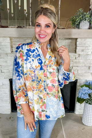 Ruffle Neck Watercolor Floral Merle Button Down Top in Blue