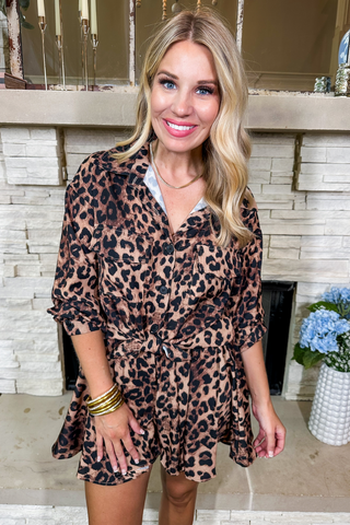 Front Pocketed Collared Button Top & Shorts Set in Leopard Print