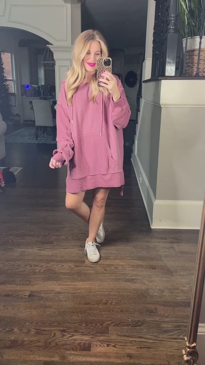 Oversized Kangaroo Pocket Rose Sweatshirt Tunic Dress