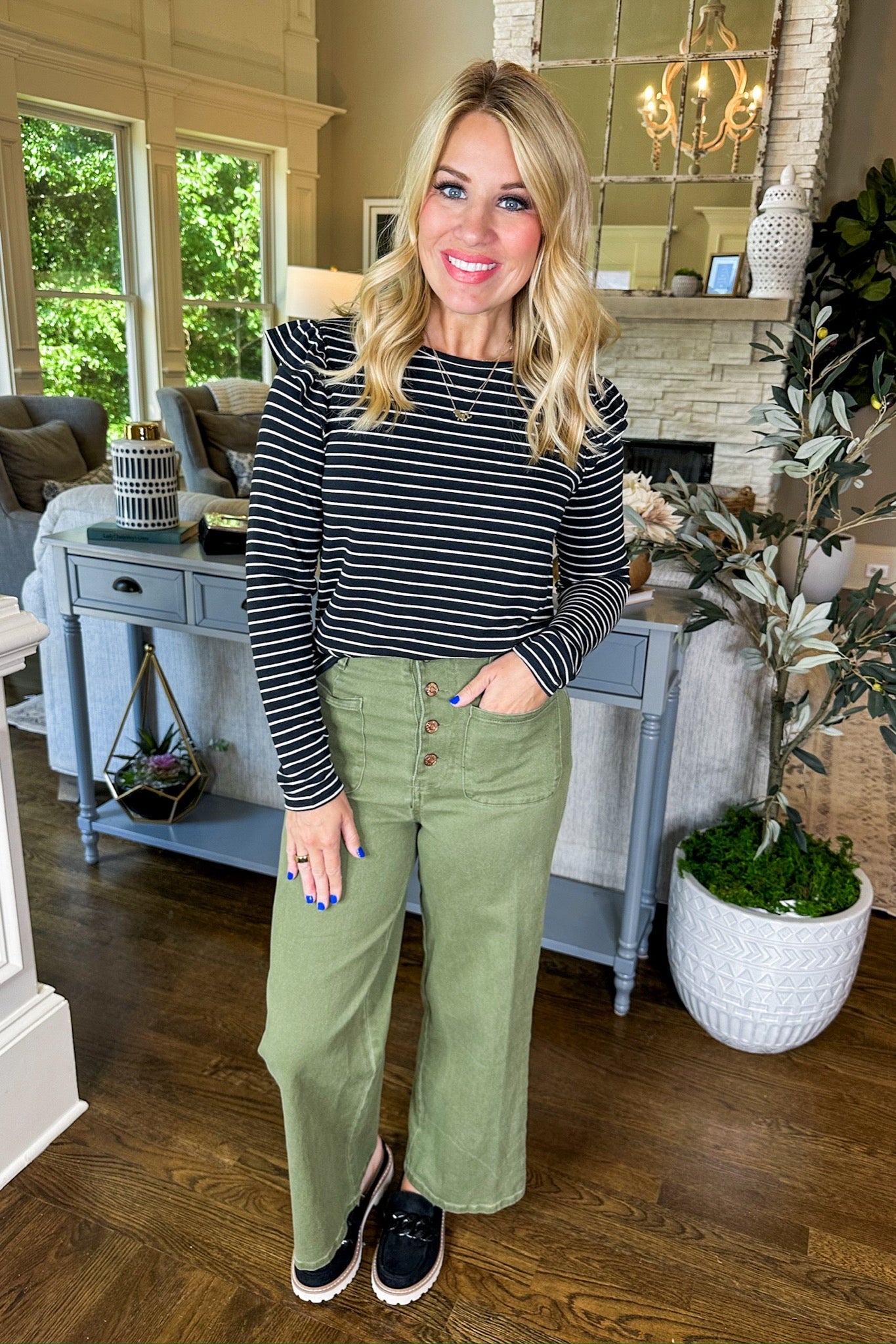 Black & White Striped Ruffle Sleeve Layering Top