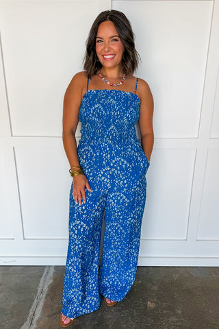 Summer Skies Floral Smocked Jumpsuit