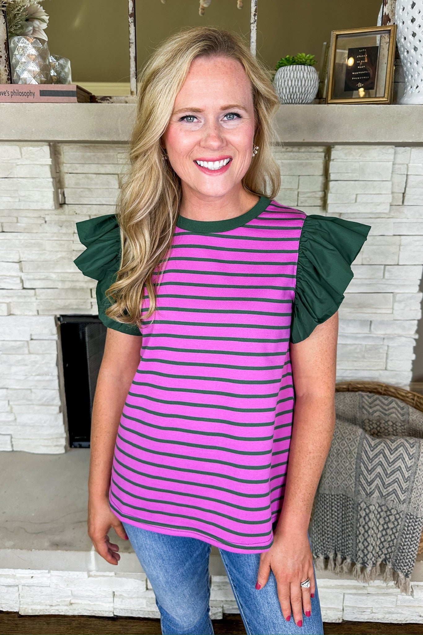 Striped Ruffle Cap Sleeve Top in Orchid