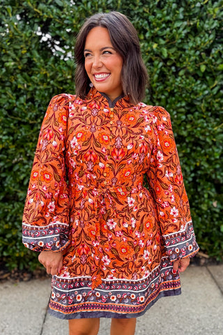 Wanderlust Border Print Mini Dress in Desert Salmon
