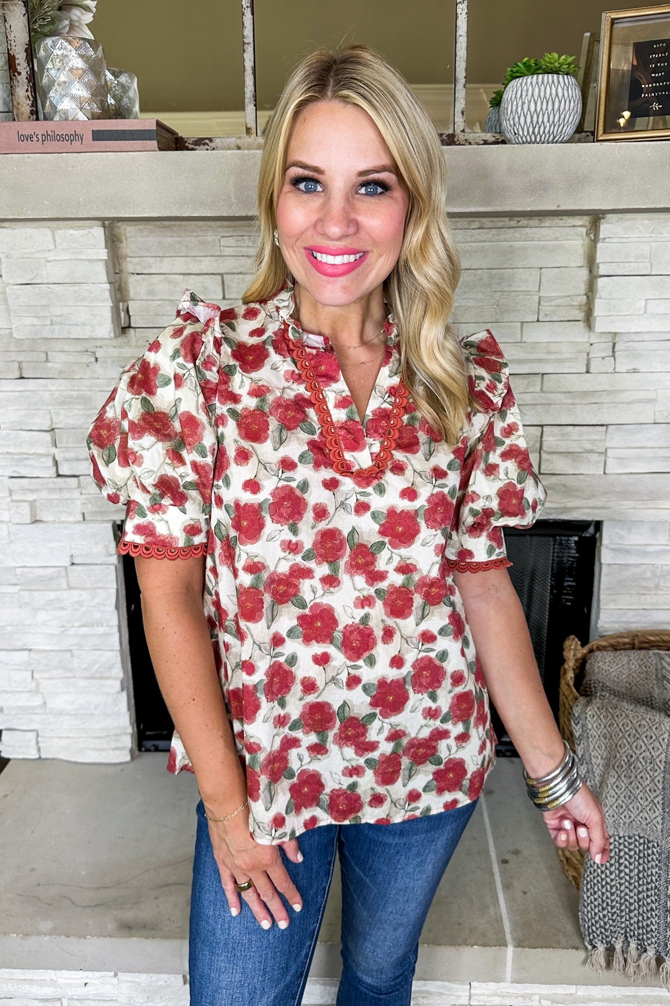 Berry Floral Eyelet Trim Ruffle Puff Sleeve Top