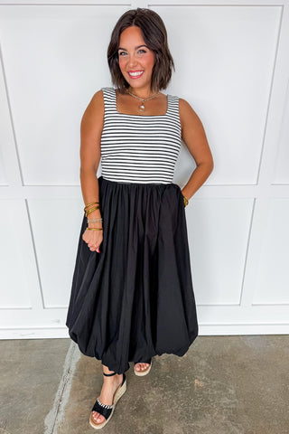 Modern Grace Stripe Bubble Hem Midi Dress in Black