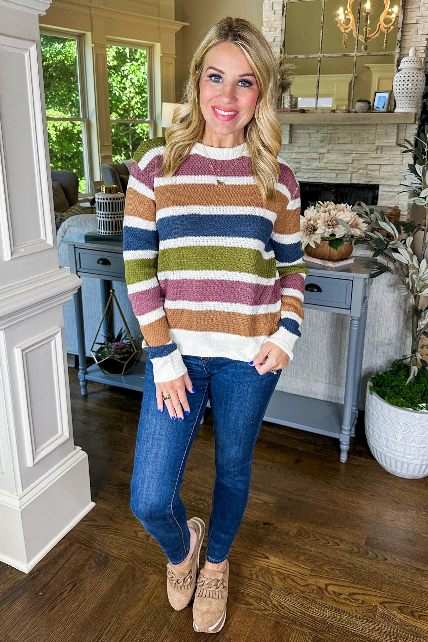 Cozy Knit Ivory Multi Color Striped Sweater