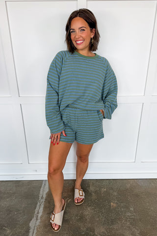 Keep It Casual Olive & Blue Stripe Short Set