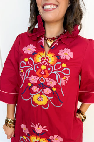Folk Song Embroidered Shift Dress in Burgundy