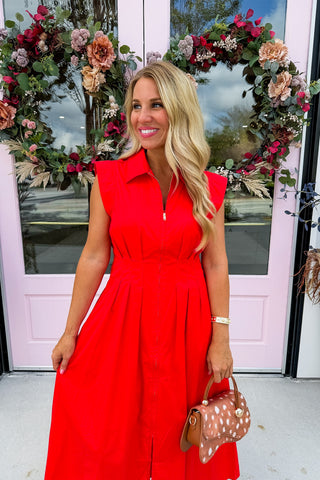The Krissy Zip-Up Midi Dress in Bold Red