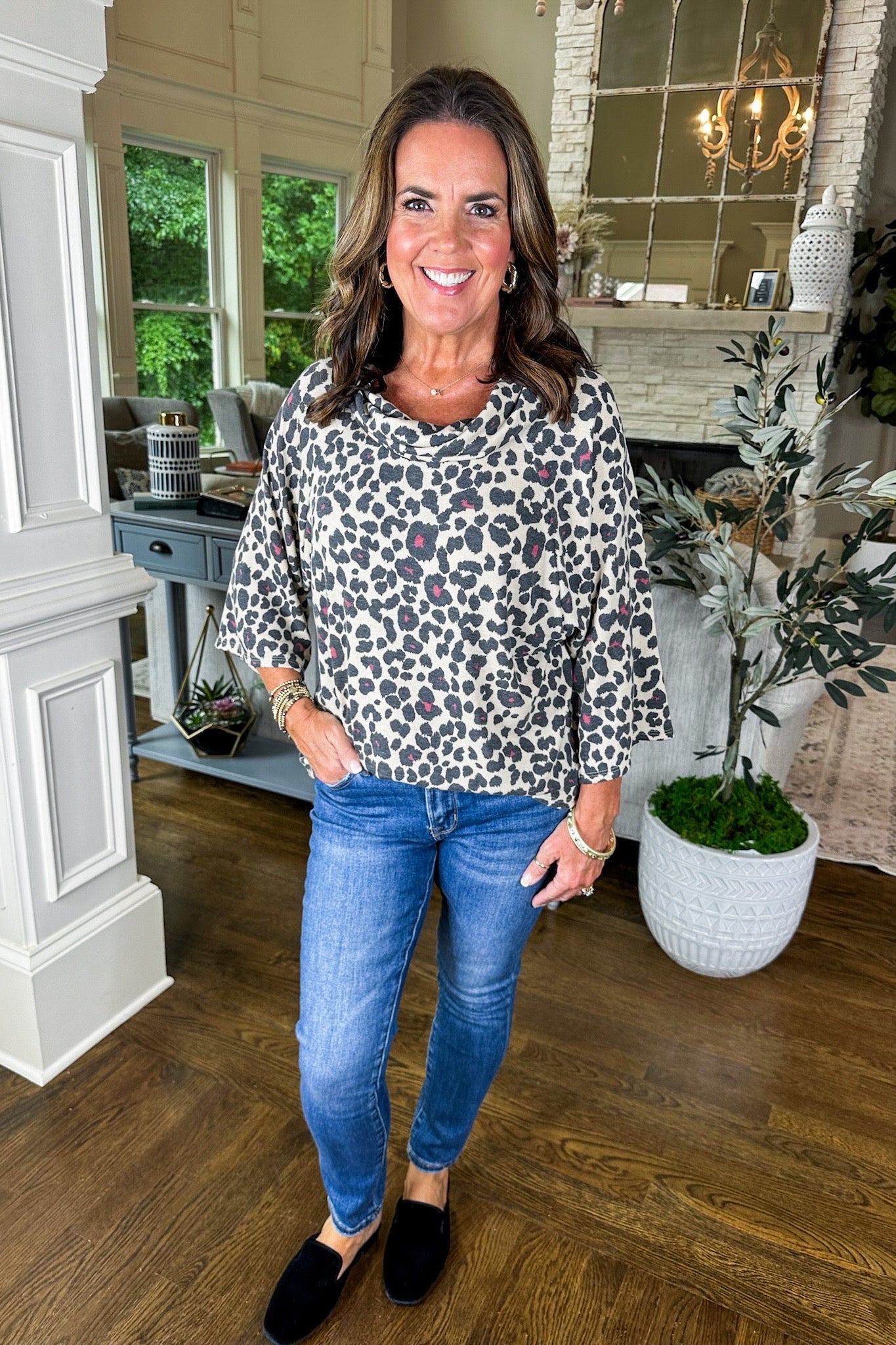 Soft Cowl Neck Leopard Print Three Quarter Sleeve Top in Taupe