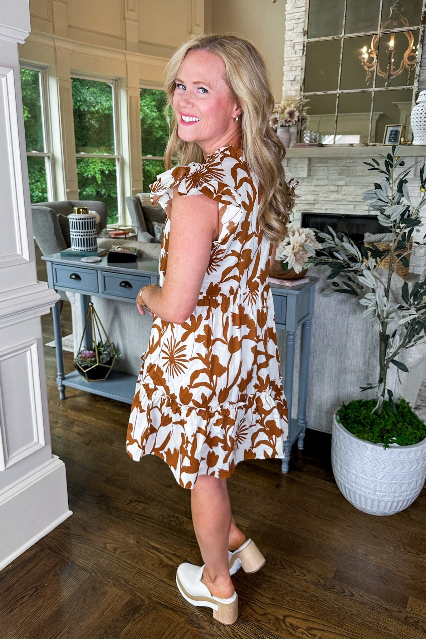 Toffee Floral Ruffle Sleeve Tiered Poplin Dress